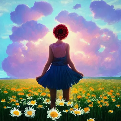 Image similar to head made of giant daisies, smiling girl standing barefoot in a vast flower field, arms outstretched, surreal photography, sunrise dramatic light, impressionist painting, colorful clouds, large sky, digital painting, artstation, simon stalenhag, flower face