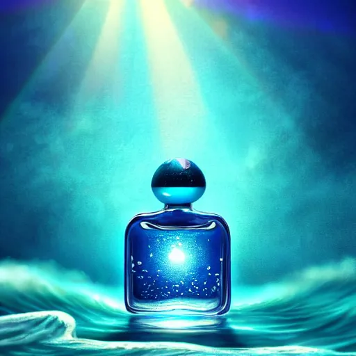 Image similar to blue perfume bottle surrounded by turquoise water droplet and waves, lonely world still shining through faintly rainbow led lights, beautiful surreal scenery artwork pixiv. soul dust. unthinkable dream sublime god lighting, sun rays, cold colors. insanely detailed, artstation!! pixiv!! infinitely detailed created by god