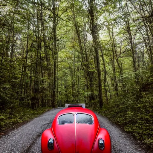 Image similar to promotional scifi - mystery movie scene of a ( volkswagen beatle ) and ladybug hybrid that's more ladybug. racing down a dusty back - road in smokey mountains tennessee. cinematic, 4 k, imax, 7 0 mm, hdr