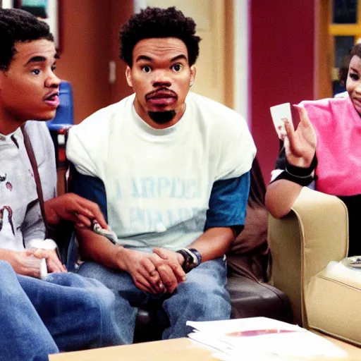 Image similar to a tv still of Chance The Rapper starring as a black college student at Jones College Prep in a 1993 sitcom