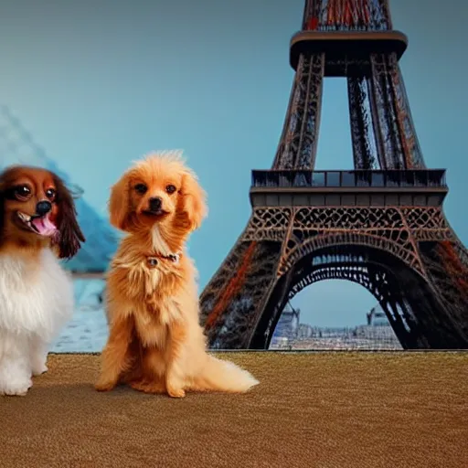 Prompt: a photorealistic closeup image of a cute brown colored long haired chihuahua cocker spaniel dog cuddling with an adorable smiling white bichon frise dog in paris in front of the eiffel tower. grass. brightly lit. extreme detail. 4 k hd unreal engine