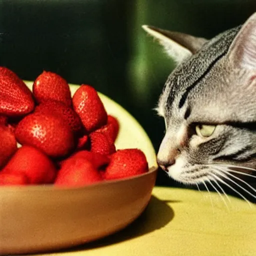 Prompt: 1 9 5 0 s kodachrome photograph of a cat eating strawberries. close up