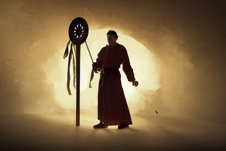 Image similar to theatre stage, romanian man in traditional romanian clothing with scythe, traditional romanian clothing, concept art, dramatic lighting, beautiful, volumetric lighting, colorful, octane render