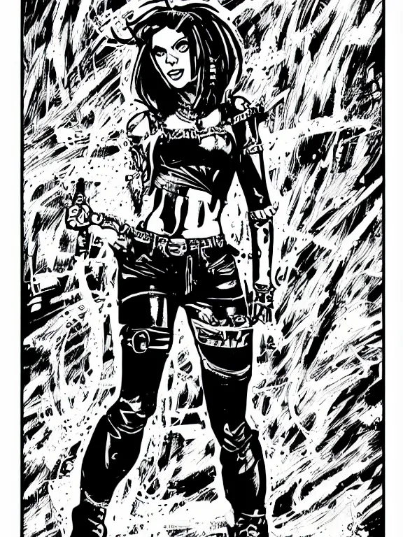 Prompt: portrait full body of chaos punk rock girl, grayscale comic book artstyle by jack kirby