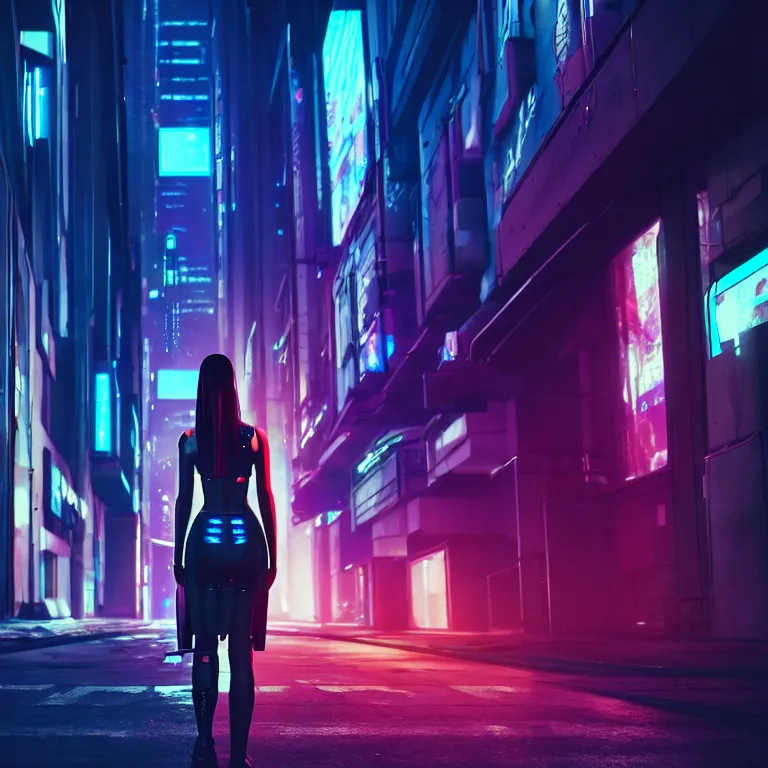 Prompt: cyberpunk girl in a cyberpunk street, night, cinematic lighting, very detailed