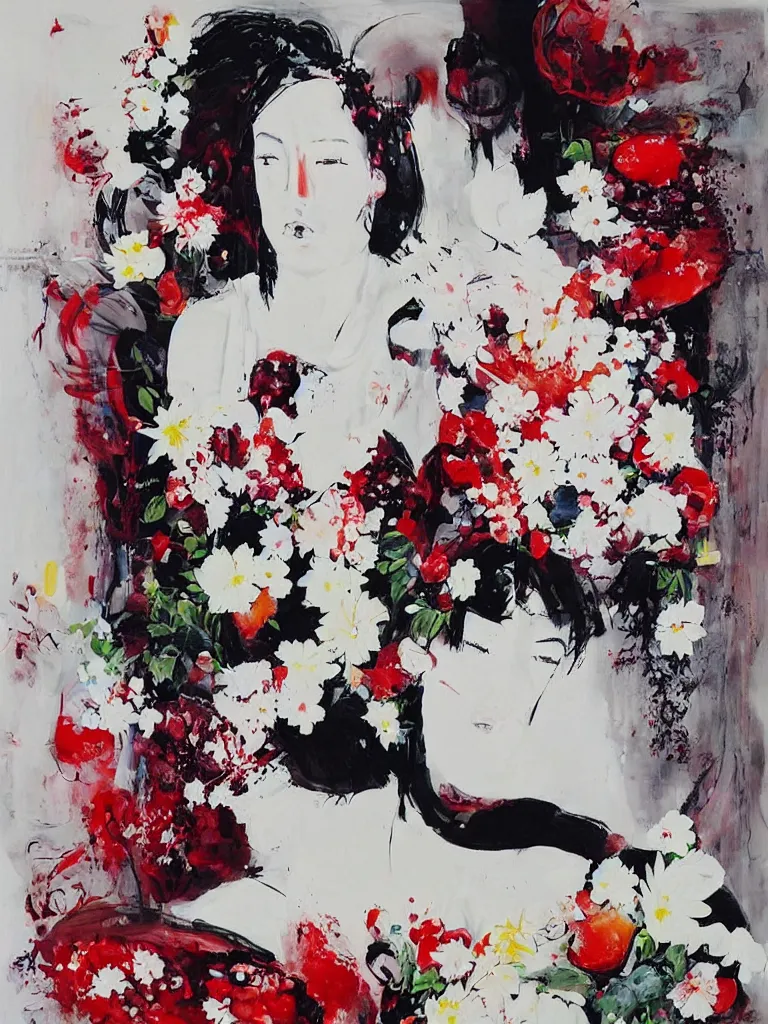 Image similar to “art in an Australian artist’s apartment, portrait of a woman wearing white muslin, eating luscious fresh raspberries and strawberries and blueberries, white wax, edible flowers, Japanese pottery, ikebana, black walls, acrylic and spray paint and oilstick on canvas”