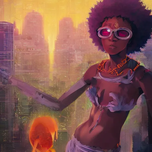 Image similar to afro - cyberpunk deities and their creations, gods and men manifesting dreams with ancestral magic in a modern world | hyperrealistic oil painting | by makoto shinkai, ilya kuvshinov, lois van baarle, rossdraws, basquiat | afrofuturism, in the style of surrealism, trending on artstation | dark color scheme