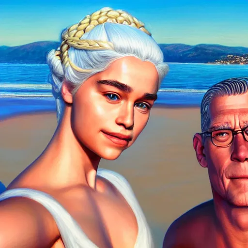 Prompt: beautiful serene intricate portrait of daenerys targaryen and hank hill taking a selfie, smiling softly, relaxing on the beach, golden hour, soft focus, 8 k, art by irakli nadar, hyperrealism, hyperdetailed, ultra realistic