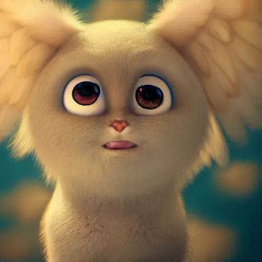 Image similar to a cute little angel monster with long fur, portrait, pixar style, heaven background, cinematic lighting, award winning creature portrait photography