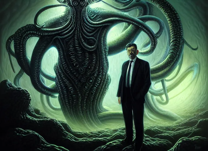 Image similar to lovecraft biopunk portrait of rowan sebastian atkinson, fractal background, anthropomorphic cthulhu behind him, by tomasz alen kopera and peter mohrbacher