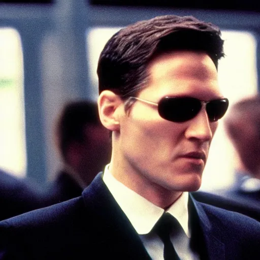 Prompt: film still of keir starmer in the matrix ( 1 9 9 9 )