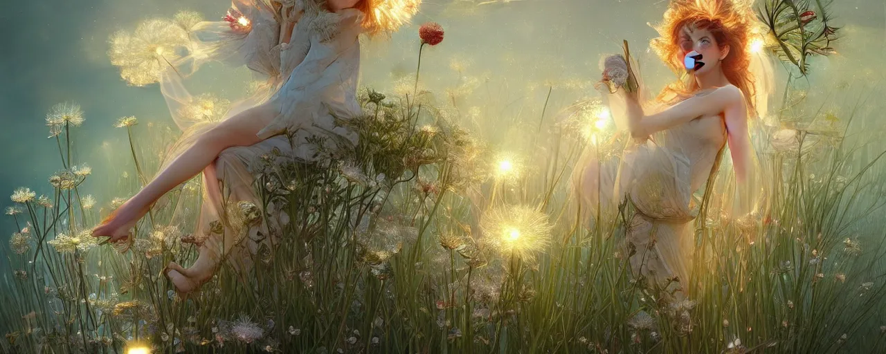Image similar to a beautiful fairy next to a giant dandelion with sparkles, D&D, fantasy, intricate, cinematic lighting, highly detailed, digital painting, artstation, concept art, smooth, sharp focus, illustration, art by Artgerm and Greg Rutkowski and Alphonse Mucha