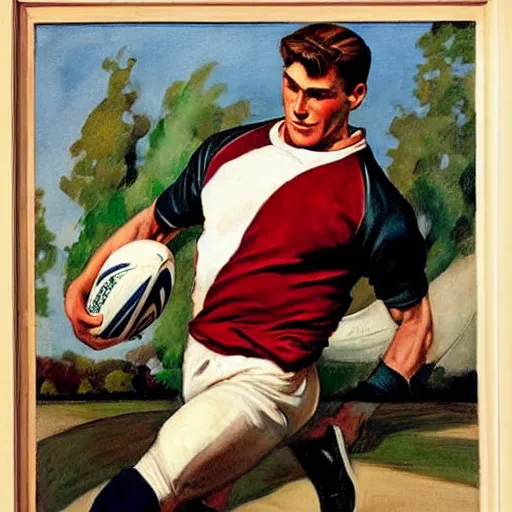 Image similar to handsome rugby player in a running pose, holding the rugby ball in his arm, full color painting by J.C. Leyendecker