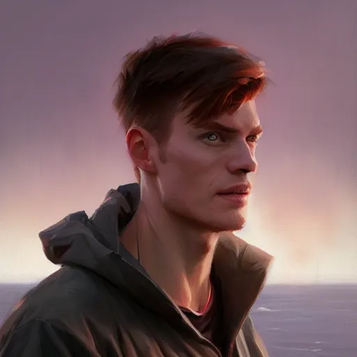 Image similar to phillip j fry portrait, dramatic light, lake background, 2 0 0 mm focal length, painted by stanley lau, painted by greg rutkowski, painted by stanley artgerm, digital art, trending on artstation