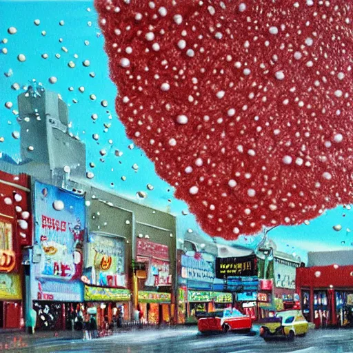 Prompt: giant food raining from the sky all over town painting realistic