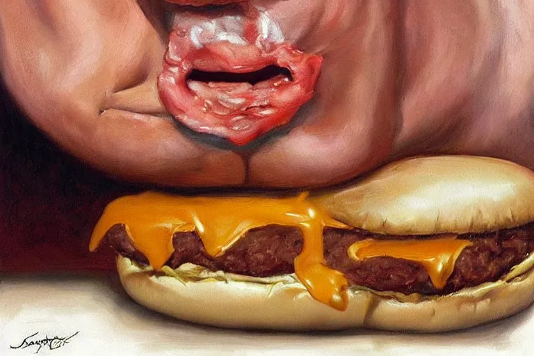 Image similar to realistic painting by jenny saville of!! donald trump!! licking a! cheeseburger!, art by jenny saville and tom bagshaw, detailed, sharp, smooth,! hamburger!