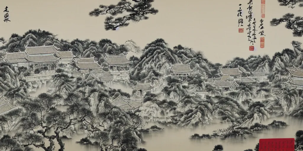 Prompt: A Chinese ink painting of winery. The vineyards are sprawling and green, with a river winding through them. In the distance, there are mountains. by zhang zeduan, mi fu, painting on silk, immaculate scale, hyper-realistic, trending on Artstation, 8k, detailed, atmospheric, immaculate