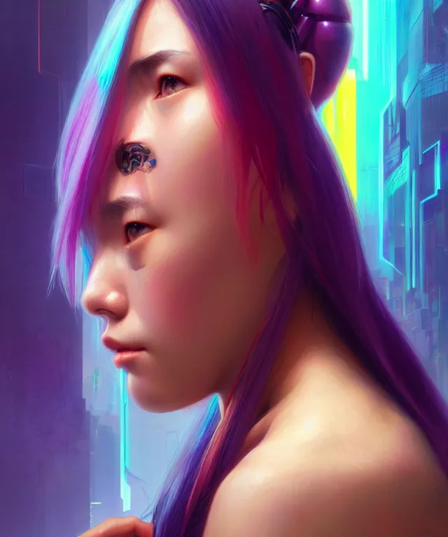 Image similar to Cyberpunk teenage girl, portrait, Asian features, face, rainbow coloured hair intricate, elegant, highly detailed, digital painting, artstation, concept art, smooth, sharp focus, illustration, art by artgerm and greg rutkowski and alphonse mucha