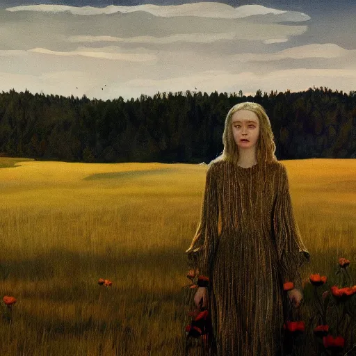 Image similar to Elle Fanning in the painted world of Midsommar, head and shoulders masterpiece, apocalypse, golden hour, cosmic horror, artstation, in the style of Andrew Wyeth and Edward Hopper and Bosch, extremely detailed