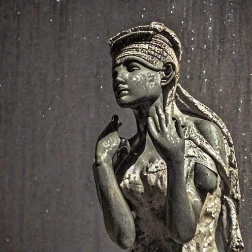 Image similar to sculp of Cleopatra on the rain, faith, ant view, night, smoke, shadows, award winning photography