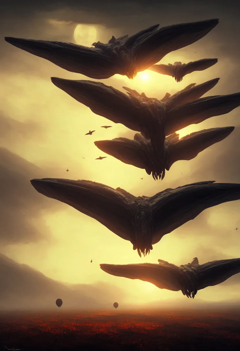 Image similar to strange alien birds flying up, autumn sunset, ultra high definition, ultra detailed, symmetry, fog, matte painting, by greg rutkowski and ross tran and wlop