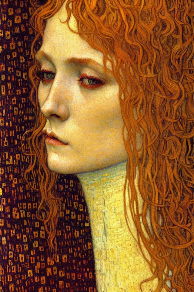 Image similar to detailed realistic beautiful young medieval queen face portrait by jean delville, gustav klimt and vincent van gogh, art nouveau, symbolist, visionary, gothic, pre - raphaelite, muted earthy colors, desaturated