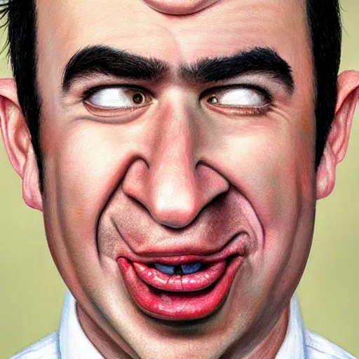 Image similar to hyper realistic portrait of a 3 d caricature of nathan fielder making absurd faces, painted by greg rutokowski, artgerm