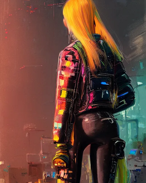 Prompt: detailed portrait Neon guard woman with long straight blonde hair seen from the back, cyberpunk futuristic, reflective puffer jacket, black leggings, decorated with traditional ornaments in front of a dystopian crowd with piles of garbage by Ismail inceoglu dragan bibin hans thoma, Perfect face, fine details, realistic shaded, fine-face, pretty face