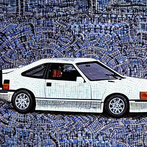 Prompt: drifting white Toyota AE86 pulled by a black horse, medieval Byzantine mosaic, 4k