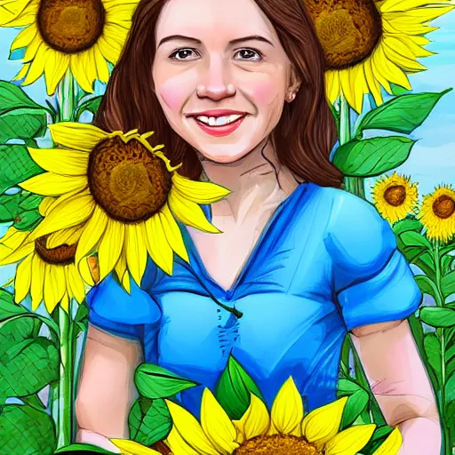 Image similar to Fantasy Map, Illustration of a Ukrainian girl Smiling | Subject Description: Beautiful pretty young, flowers in her dark hair, Scene: Sunflower field, Image Colors: Yellow sunflowers, blue cloudy sky