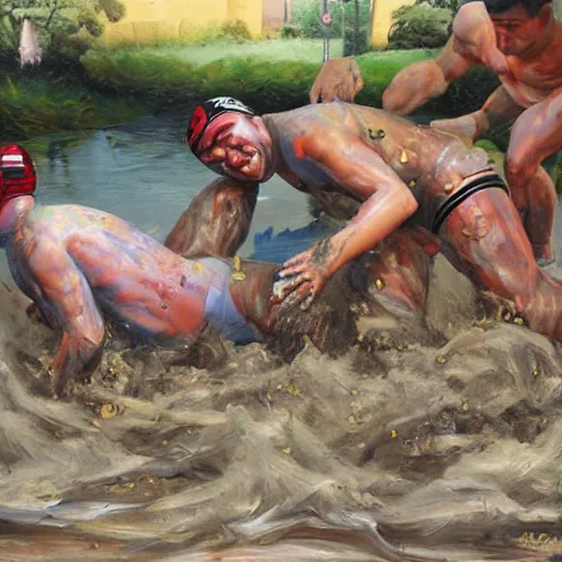 Image similar to 3 drunks fall over mud - wrestling,, oil painted ( ( ( ( ( ( by jeef koons ) ) ) ) ) )