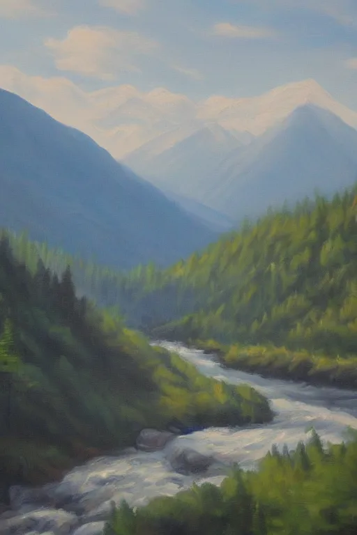 Prompt: mountaintop river flat illustration oil painting trending on artstation