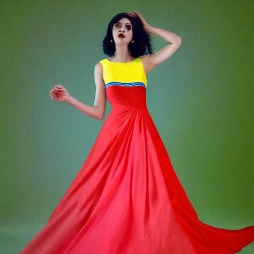 Image similar to A beautiful dress colored red, blue, yellow