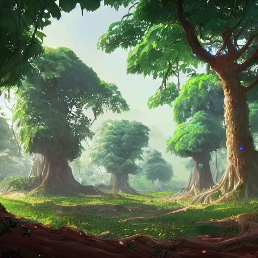 Prompt: concept art painting of a forest with houses made of trees and roots, houses inside trees, vines, deep forest, realistic, detailed, cel shaded, in the style of makoto shinkai and greg rutkowski and james gurney