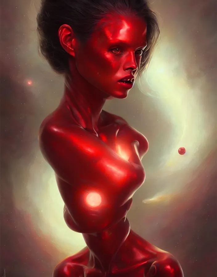 Image similar to a beautiful alien woman with ruby skin, painted by artgerm and tom bagshaw, fantasy art, dramatic lighting, highly detailed oil painting