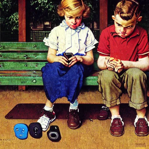 Prompt: boy and girl at a playground staring at iphones, by norman rockwell