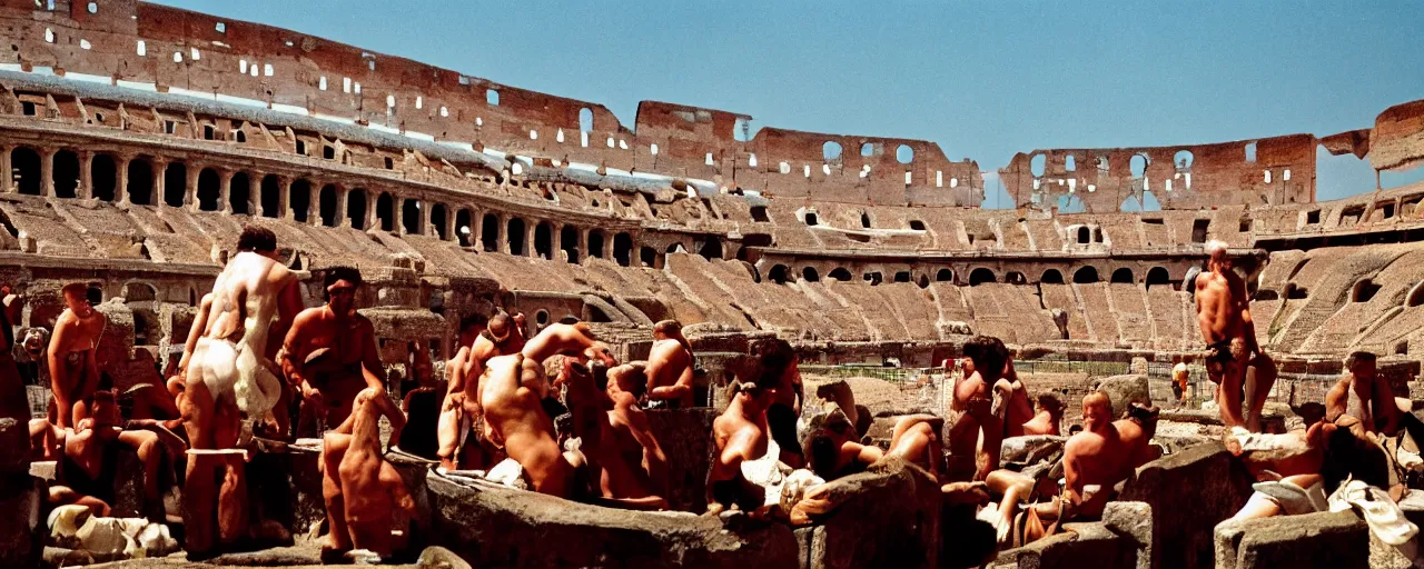 Image similar to ancient romans watching gladiators, big bowl of spaghetti!!!! coliseum architectural, minimal, canon 5 0 mm, wes anderson film, kodachrome, retro