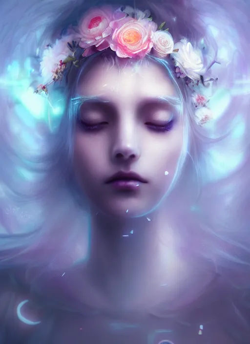 Prompt: a beautiful majestic white queen with flowers on her hair, glowing light orbs, intricate concept art, elegant, digital painting, smooth, sharp focus, ethereal mist, deep colors, illuminated lines, outrun, vaporware, dark background, cyberpunk darksynth, ethereal, ominous, misty, 8 k, rendered in octane, by ruan jia and miho hirano