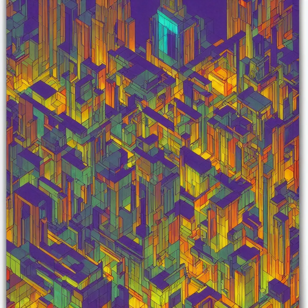 Image similar to isometric artdeco cyberpunk neon cathedral at night by frank lloyd wright, isometric, painted by piet mondrian