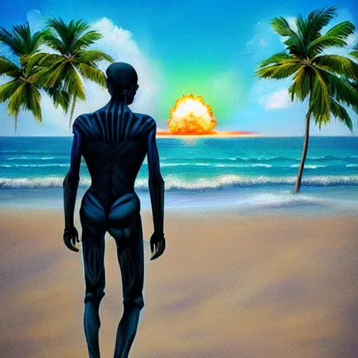 Image similar to (((Beautiful digital painting portrait))) of relaxed skeleton walking on the tropical beach!!! with nuclear bomb explosion in the background!!!, by James Gurney, high quality, trending on Artstation, realistic, tropical color scheme, anatomically correct skeleton, high coherence, blue sky