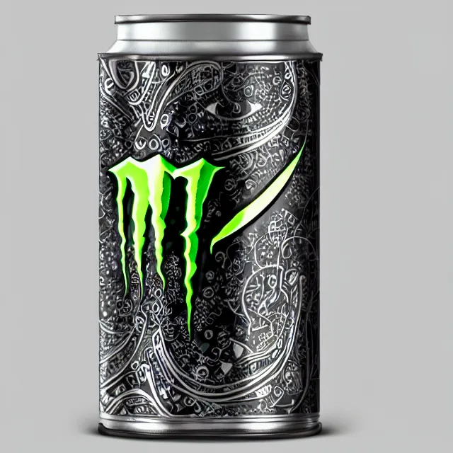 Image similar to aluminian can of monster energy drink, intricate and very very beautiful and elegant, highly detailed, digital painting, artstation, concept art, smooth and sharp focus, illustration