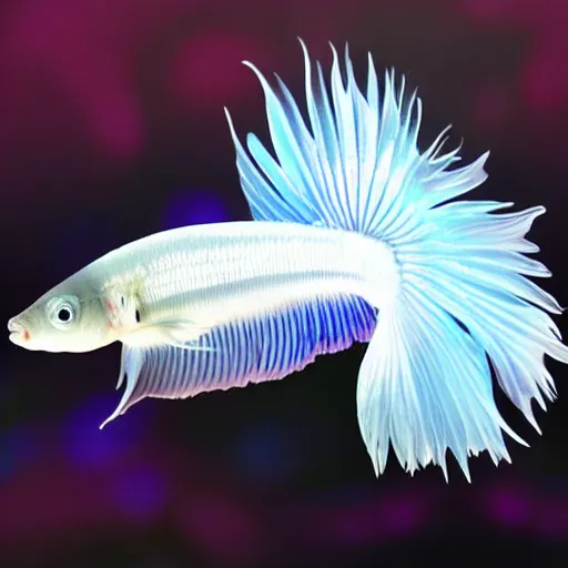 Prompt: a graceful iridescent white betta fish with long swirling fins, black-water-background, full body photo