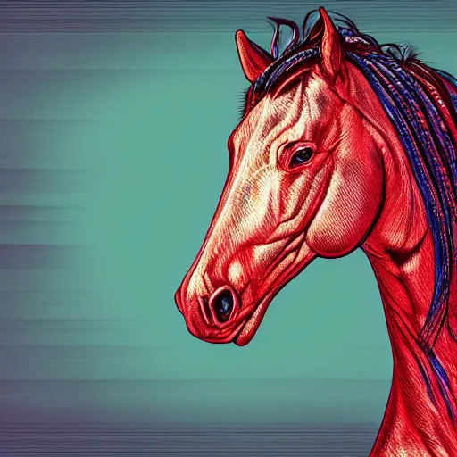 Prompt: digital horse, retrowave palette, highly detailed, anatomically correct equine, synth feel, smooth face, horse whiskers, no reins, digital art