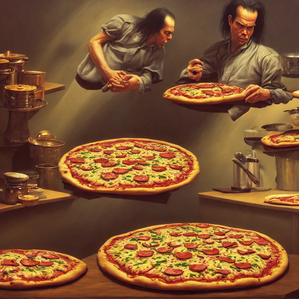 Image similar to hyper detailed 3d render like a Oil painting - nick cave baking pizza by Jacek Yerka, Mariusz Lewandowski, Houdini algorithmic generative render, Abstract brush strokes, Masterpiece, Edward Hopper and James Gilleard, Zdzislaw Beksinski, Mark Ryden, Wolfgang Lettl, hints of Yayoi Kasuma, octane render, 8k