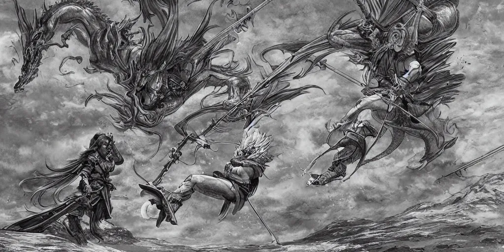 Prompt: korean archer fighting a dragon. the moon is in the sky. there is a river between the dragon and the archer. dark fantasy. high resolution. detailed. digital art. dark fantasy. kentaro miura.