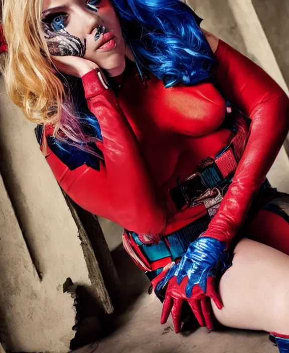 Image similar to scarlett johansson modeling as harley quinn, professional photograph