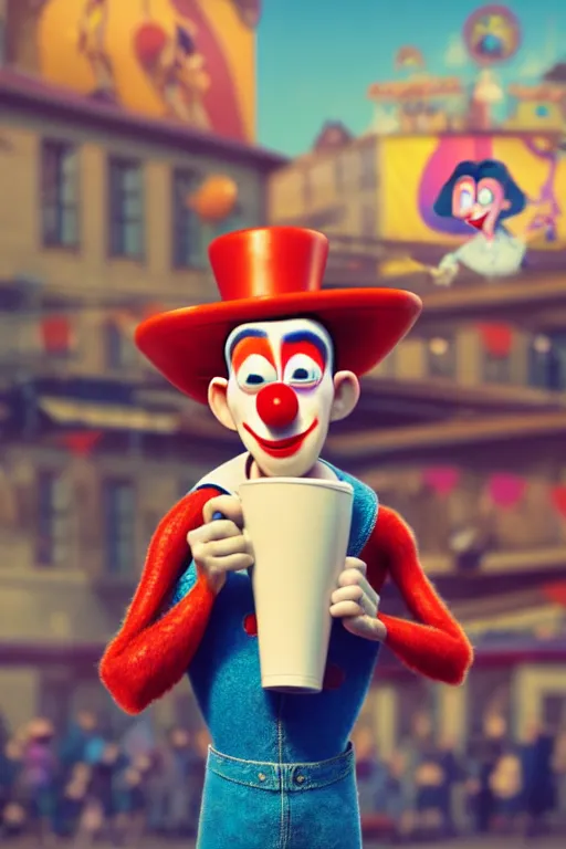 Image similar to portrait of a clown holding a cup of coffee with the circus in background, full body. pixar disney 4 k 3 d render funny animation movie oscar winning trending on artstation and behance. ratatouille style.