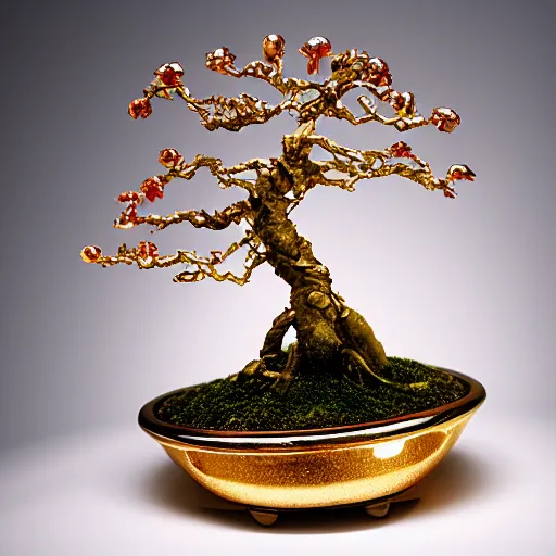 Image similar to aesthetic golden bonsai with raw gems as leaf and gothic ornaments, gems, rose gold, 8 k, details, studio lighting, realism, complex lights