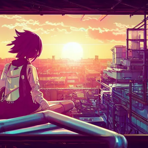 Prompt: android mechanical cyborg anime girl child overlooking overcrowded urban dystopia resting on a pipe. long flowing soft hair. scaffolding. pastel pink clouds baby blue sky. gigantic future city. raining. makoto shinkai. wide angle. distant shot. purple sunset. perfectly circular sun. sunset ocean reflection.