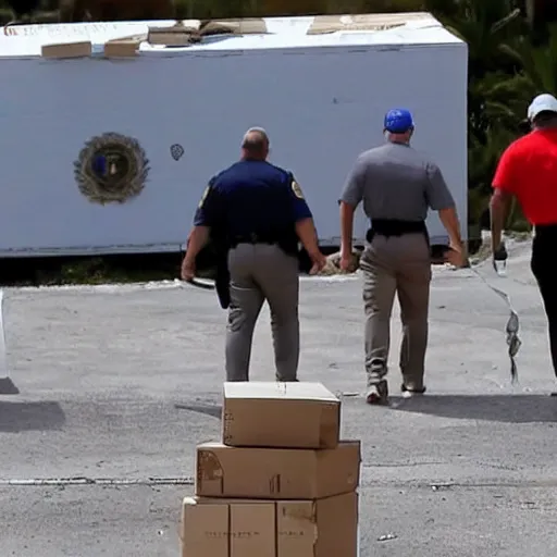Image similar to mar-a-lago, FBI agents carrying boxes of evidence, police tape, high detail